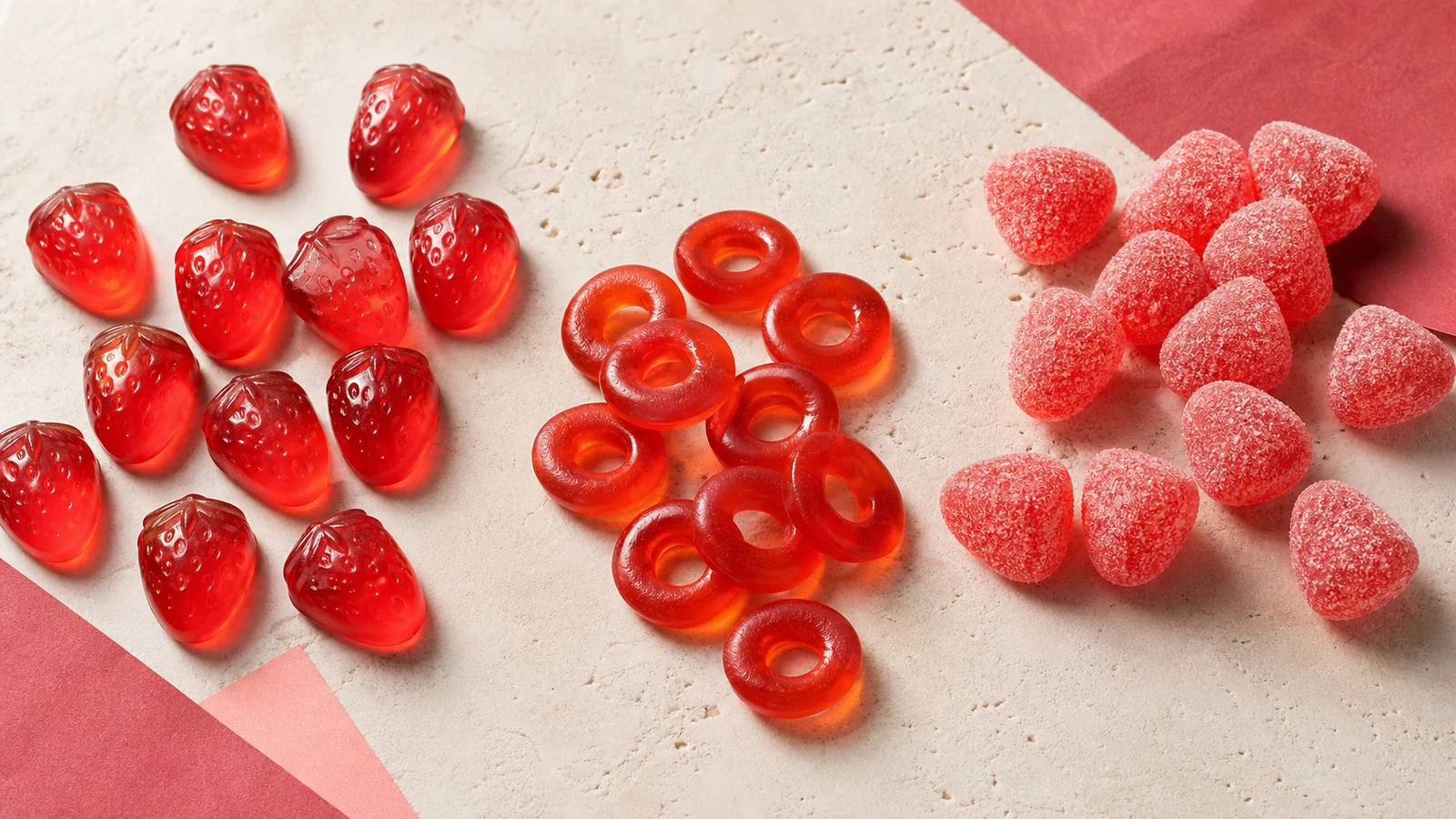 Strawberry-shaped gummies, red gummy rings, and sugar-dusted strawberry candy on a cream surface.