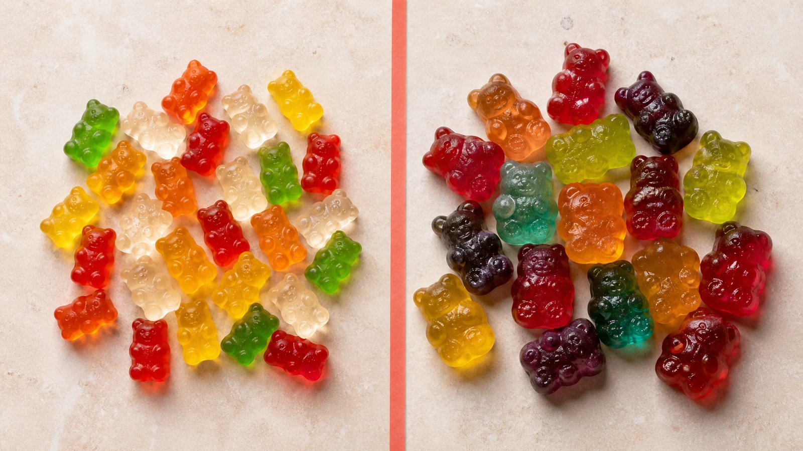 Two distinct groups of small classic and larger jewel-toned gummy bears separated on a cream surface.