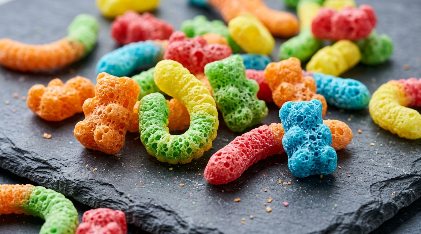Vibrant freeze dried gummy worms and bears showing crunchy puffed honeycomb texture on slate.