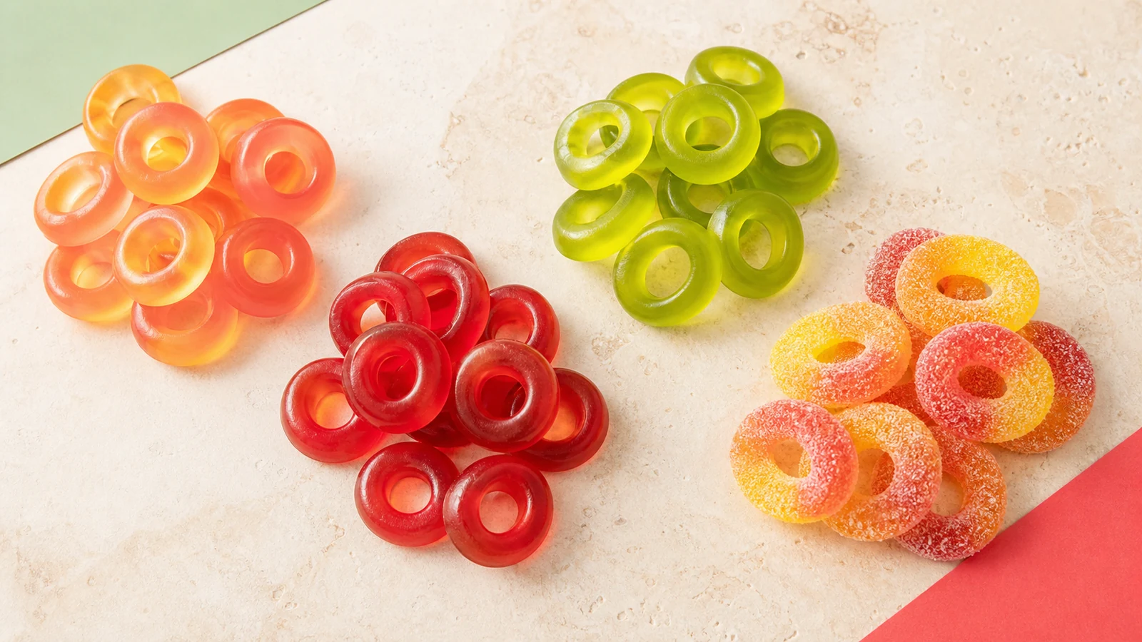 Peach, berry, apple, and sugar-dusted gummy rings arranged in separate groups.