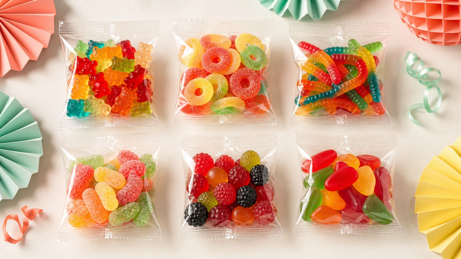 Six clear unbranded mini packs filled with colorful gummy bears, rings, worms, and fruit candy.