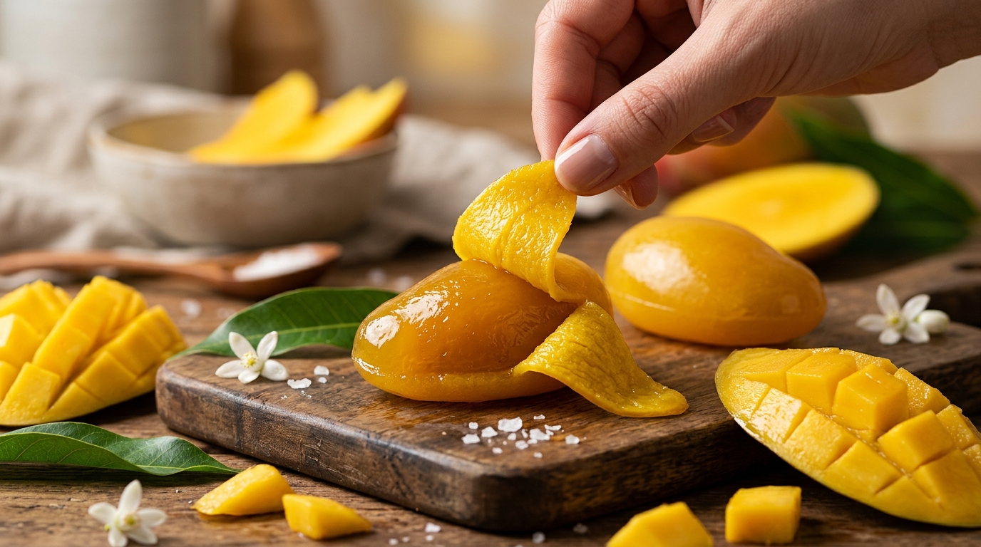Translucent glossy 3D peelable mango gummy candy with outer peel delicately separated from soft core.