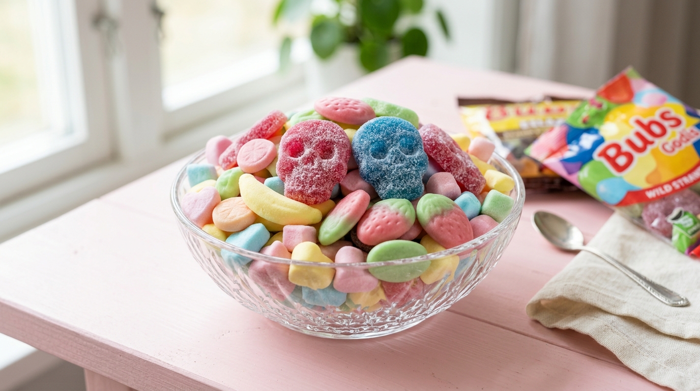 Assorted authentic Swedish Bubs Godis foam candy and sour skulls in a decorative glass bowl.