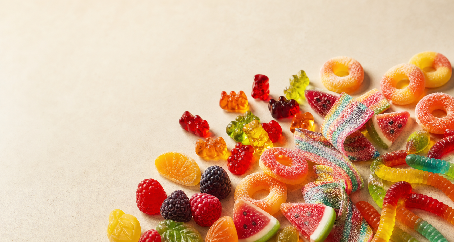 Assorted gummy candy arranged on a cream background.
